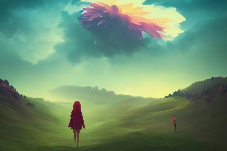 Image similar to giant dahlia flower as a head, girl walking on mountain, surreal photography, stars, dramatic light, impressionist painting, storm clouds, digital painting, artstation, simon stalenhag