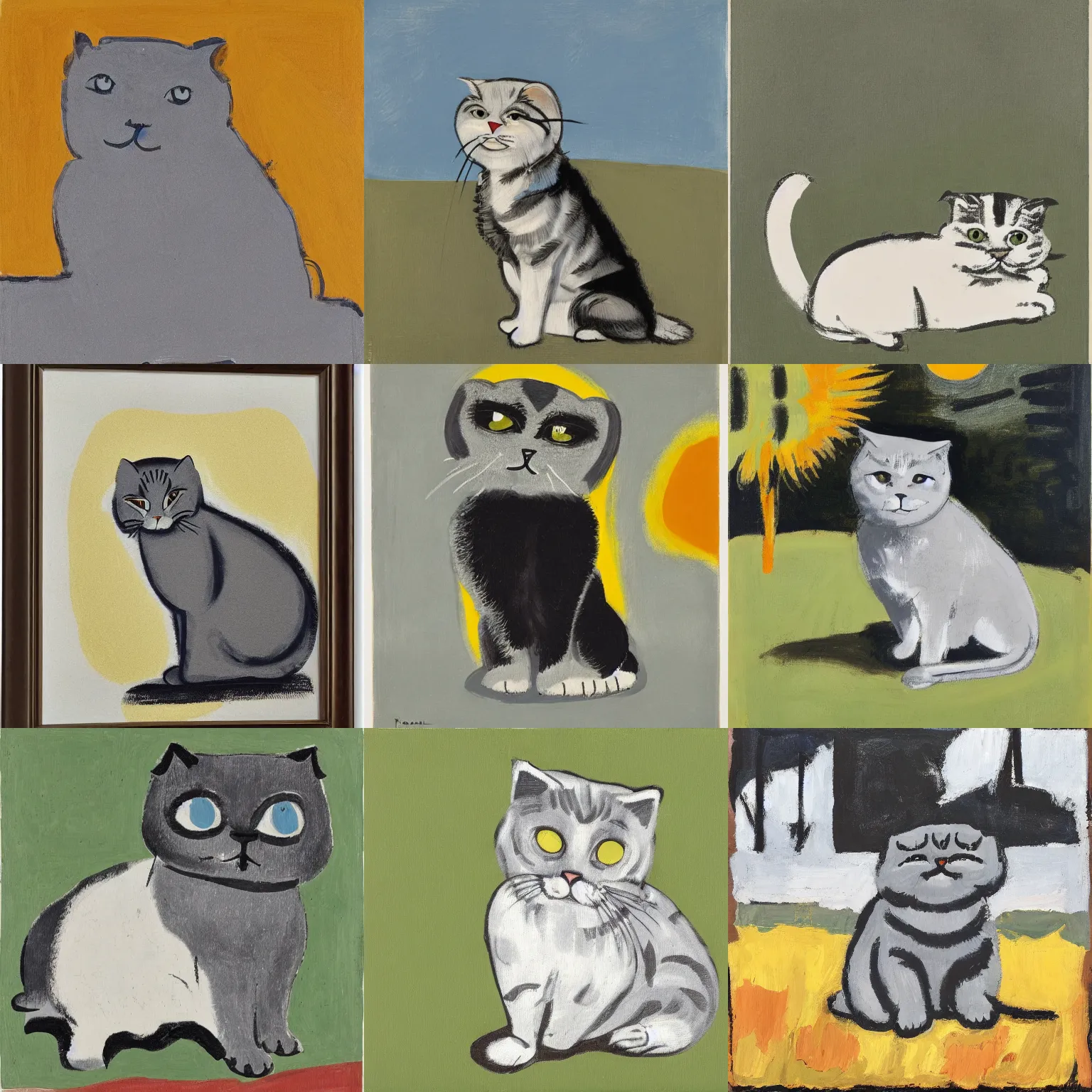 Prompt: a gray scottish fold sitting in the middle of sunny meadow, by robert motherwell