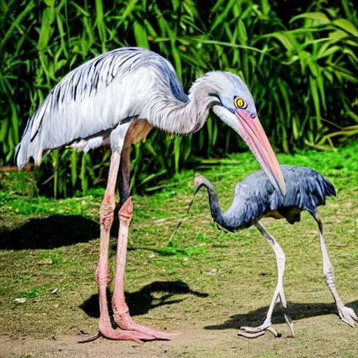 Image similar to shoebill stork and velociraptor hybrid animal, sharp beak, real photo, taken in zoo,