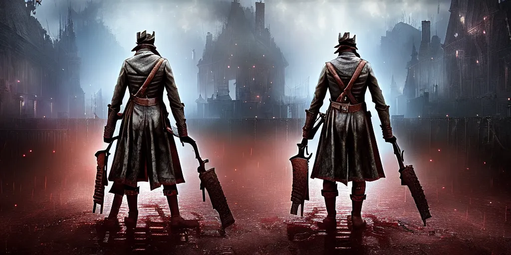 Image similar to mix between battlefield 1 and bloodborne, terrifying, brightly colored, dark