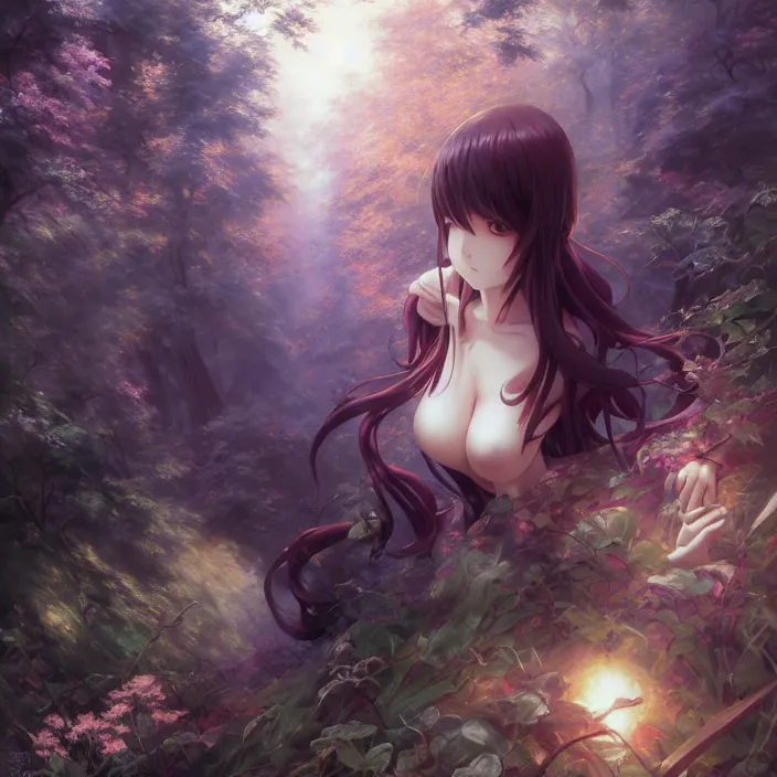 Image similar to Nishimiya Shouko, Albedo from Overlord, Mayer Re-l, Japan Lush Forest, official anime key media, close up of Iwakura Lain, LSD Dream Emulator, paranoiascape ps1, official anime key media, painting by Vladimir Volegov, beksinski and dan mumford, giygas, technological rings, johfra bosschart, Leviathan awakening from Japan in a Radially Symmetric Alien Megastructure turbulent bismuth glitchart, Atmospheric Cinematic Environmental & Architectural Design Concept Art by Tom Bagshaw Jana Schirmer Jared Exposure to Cyannic Energy, Darksouls Concept art by Finnian Macmanus