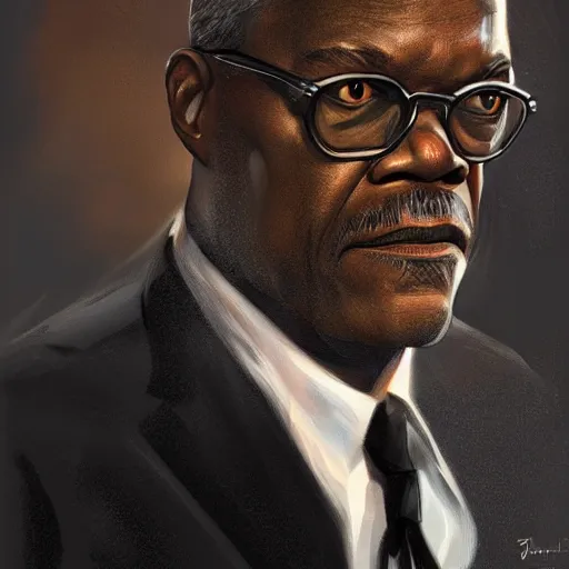 Image similar to Samuel Jackson as james bond, portrait, highly detailed, digital painting, artstation, concept art, sharp focus, illustration, art , style of Walter Martin Baumhofer