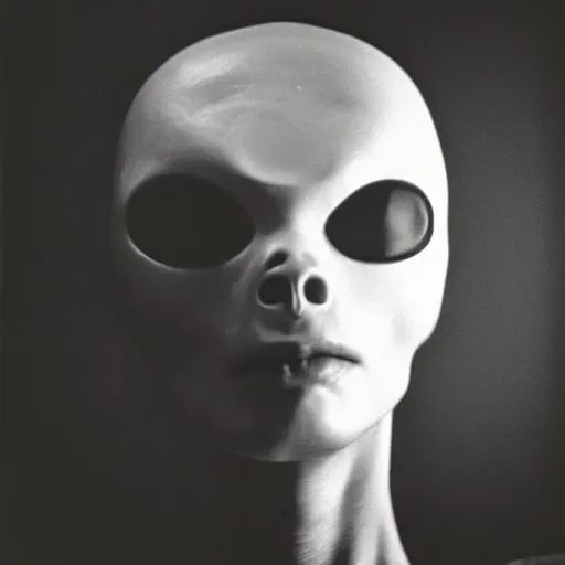 Image similar to a close - up, black & white studio photographic portrait of an alien, dramatic backlighting, 1 9 7 3 photo from life magazine