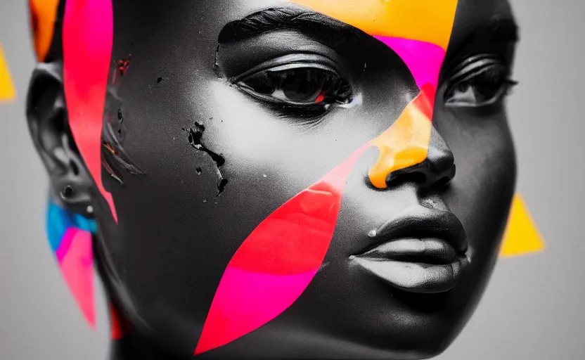 Image similar to close up portrait of extremely beautiful female black marble statue in the style of virgil abloh, colorful motocross logos behind her, sharp focus, clear, detailed,, cinematic, detailed, off white, glamourous, symmetrical, vogue, editorial, fashion, magazine shoot, glossy