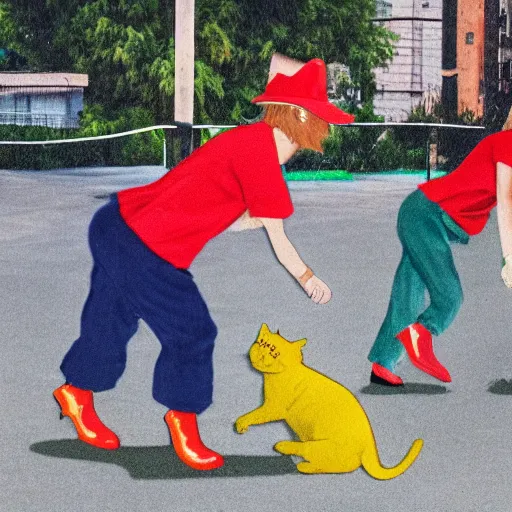 Image similar to realistic photograph of a bright yellow cat wearing 'red hat', 'green shirt' and 'blue overalls' dancing in a parking lot