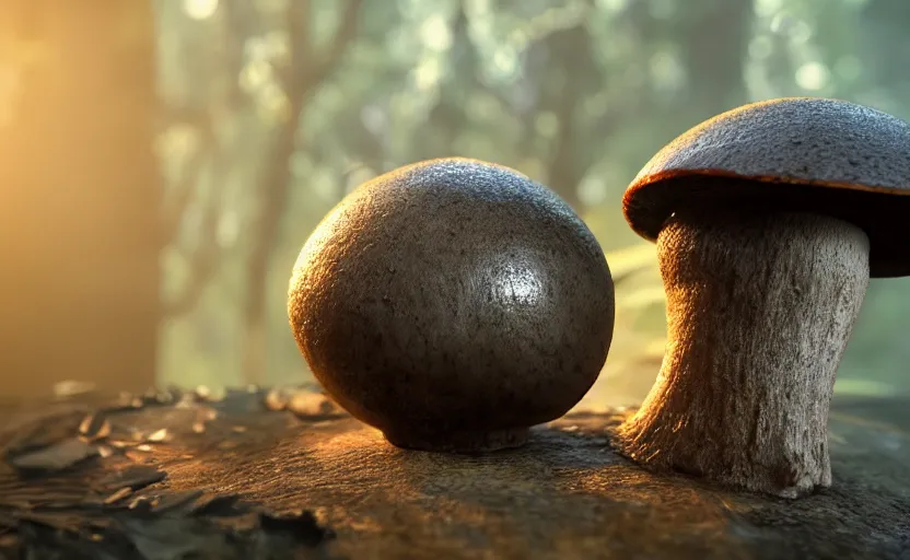 Prompt: a beautiful render of a mushroom growing out of a metal sphere in a rainforest, sunset lighting, intricate detail, hazy, humid, volumetric lighting, god rays, 8 k, photorealistic, raytracing effects, unreal engine 5