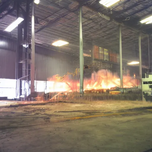 Image similar to 35mm photo Kodak hazy metal factory molten metal glowing emissive volumetric lighting IMG_1362.JPG