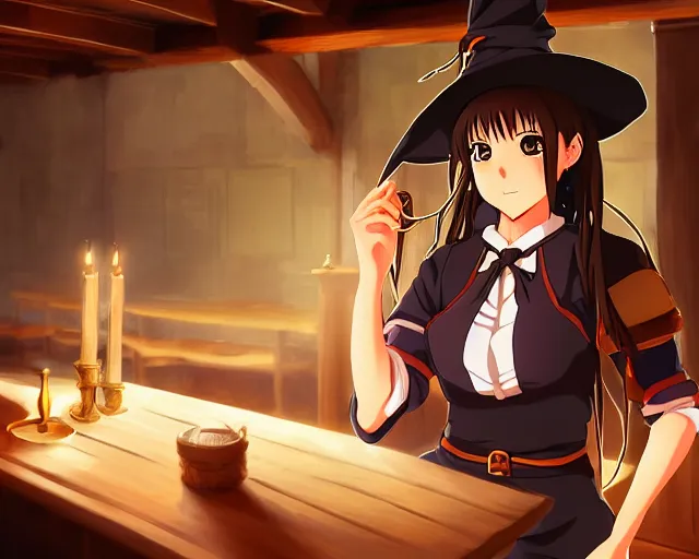 Prompt: key anime visual portrait of a young female witch in a tavern interior, dynamic pose, dynamic perspective, cinematic, dramatic lighting, muted colors, fine detail, textured