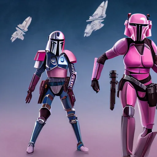 Image similar to bo katan, koska reeves, and a very fancy female mandalorian in a pink suit and bedazzled helmet. digital art. photo realistic. 4 k. intricate. detailed. by krenz cush art simon fetscher.