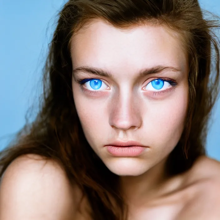 Prompt: Kodak Portra 400, 8K, highly detailed, britt marling style 3/4 dramatic extreme closeup portrait of a extremely beautiful girl with blue eyes and light brown hair,four fingers maximum, non-illuminated backdrop, illuminated by a dramatic light, Low key lighting, light dark, High constrast, dramatic , nina masic , dark background, high quality, photo-realistic, 8K