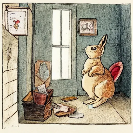 Image similar to a rabbit writing a letter inside a small room, in the style of carl larsson