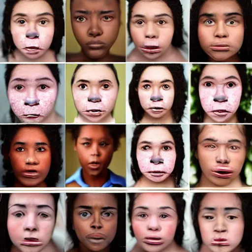 Image similar to photographs of human faces with different skin tones showing sadness, happiness, and anger