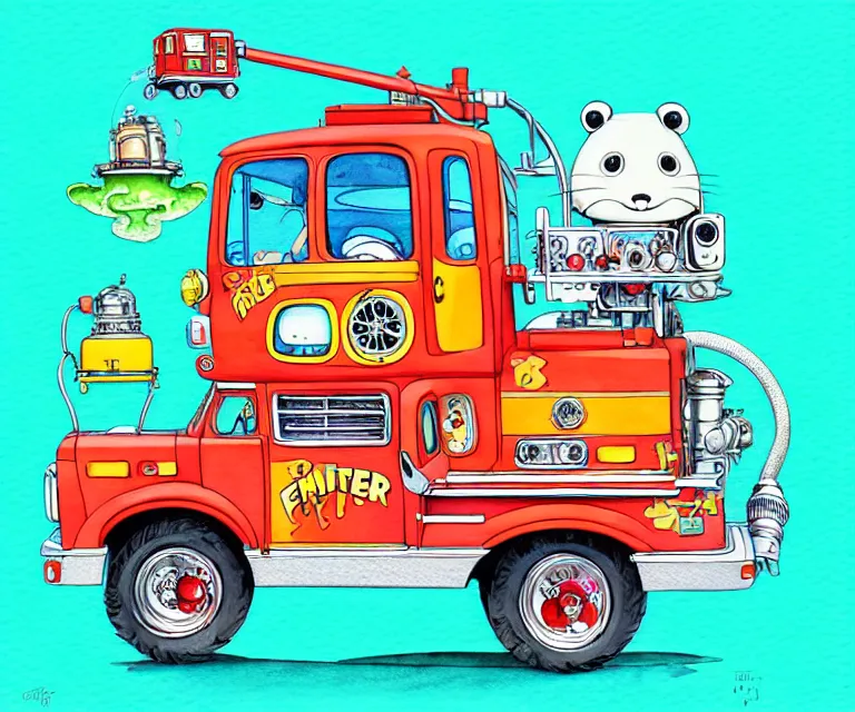 Image similar to cute and funny, beaver driving a tiny fire truck with an oversized engine, ratfink style by ed roth, centered award winning watercolor pen illustration, isometric illustration by chihiro iwasaki, edited by craola, tiny details by artgerm and watercolor girl, symmetrically isometrically centered