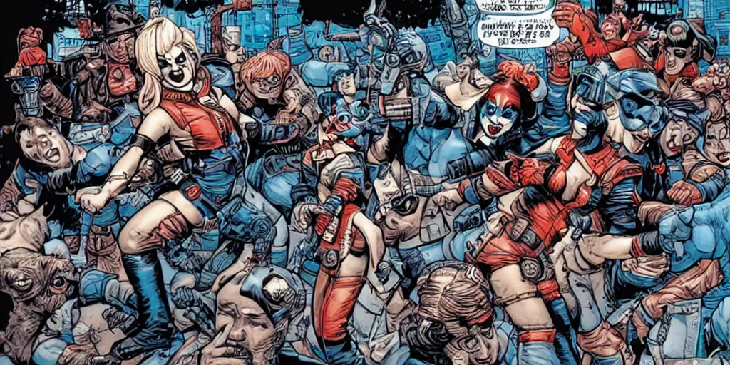 Image similar to Keystone cops fighting Harley Quinn. Epic painting by James Gurney and Laurie Greasley.