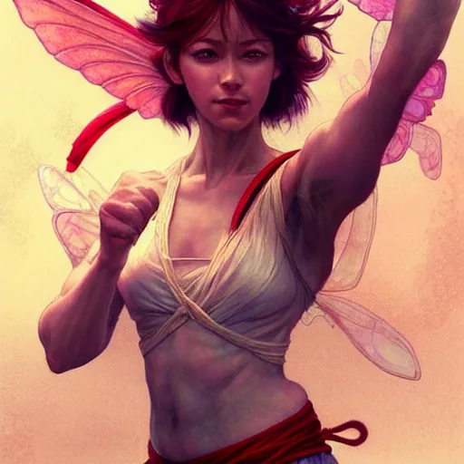 Prompt: beautiful natural fairy small winged redhead martial artist karate fey fae muscular body shortsword unseelie summer, kung fu, vivid colors, intricate, elegant, highly detailed, digital painting, artstation, concept art, smooth, sharp focus, illustration, art by artgerm and greg rutkowski and alphonse mucha and loish and wlop