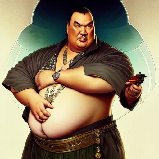 Image similar to Obese Steven Seagal, fantasy, intricate, elegant, highly detailed, digital painting, artstation, concept art, matte, sharp focus, illustration, art by Artgerm and Greg Rutkowski and Alphonse Mucha