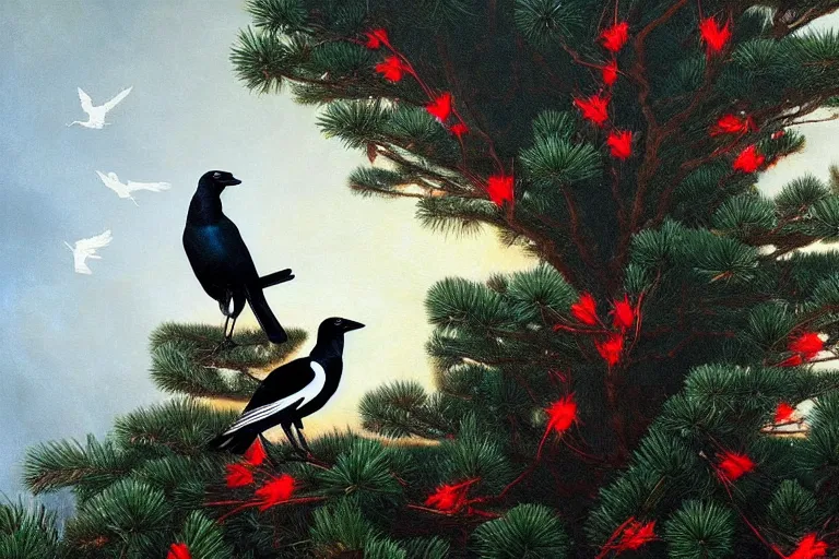 Image similar to a magpie family hosting their magpie relatives on top of a pine tree, in the style of rafał olbinski, intricate and epic composition, red by caravaggio, insanely quality, highly detailed, masterpiece, purple light, artstation, 4 k