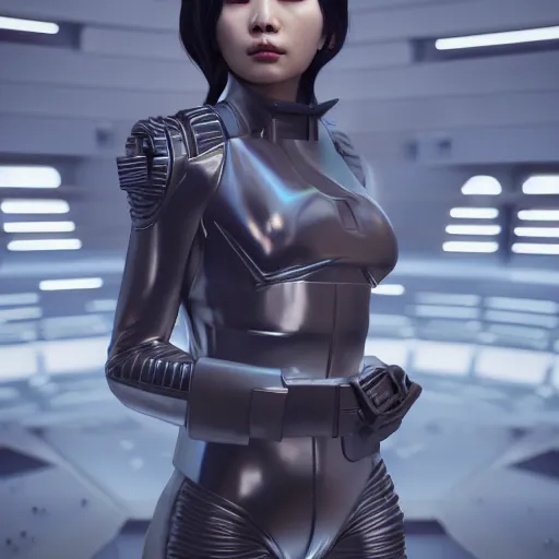 Image similar to Lee Jin-Eun by Vincent Di Fate, rule of thirds, seductive look, beautiful, in intergalactic hq, octane render, masterpiece