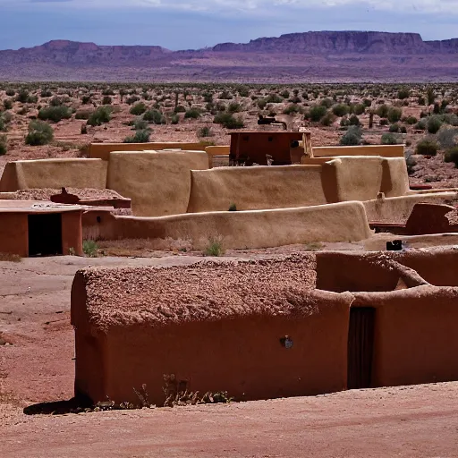 Image similar to on top a wide mesa sits a village of mud and bricks houses, adobe houses, in the arizona desert. Trending on 500px