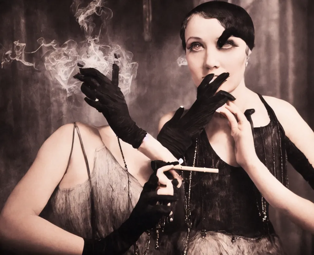 Prompt: realistic painting of a 1 9 2 0 s short - haired flapper woman in black satin gloves holding a long cigarette holder in the center of a dimly lit speakeasy in the background, jazz age, precise, wide lens photography, closeup shot, cohesive, cinematic, low - lighting