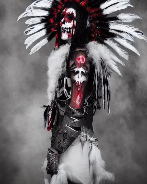 Image similar to the ghost - spirit of the grim - warpaint wears the scarlet skull armor and native blood headdress feathers, midnight fog - mist!, cinematic lighting, various refining methods, micro macro autofocus, ultra definition, award winning photo