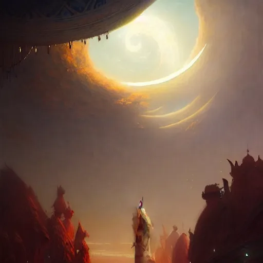 Prompt: giant crescent under construction in a magic fluffy persian carpet dimension, by greg rutkowski and gaston bussiere, dim lighting, beautiful volumetric - lighting - style atmosphere, surreal atmosphere, intricate, detailed, photorealistic imagery, trending artstation