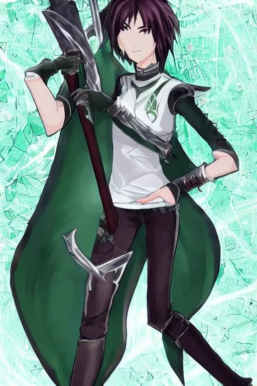 Image similar to name : rose gender : female race : human clothes : jeans and a black shirt weapon : sword special power : healing eye color : green hair color & style : short, spiky body type : slender.