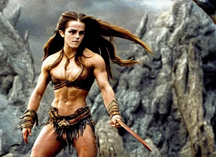 Prompt: still of muscular emma watson in conan the barbarian directed by frank frazetta, high resolution