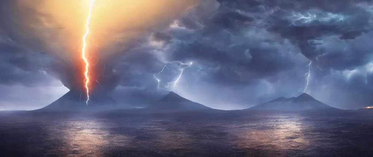 Image similar to a giant octopus god floating over a rain forest, lightning, ambient sun, a volcano erupts, still from the movie the arrival, 8k