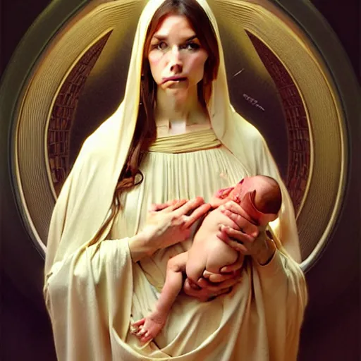 Image similar to the virgin mary holding fetus embryo baby saviour, highly detailed, digital painting, concept art, smooth, sharp focus, illustration, surrealist, absurd, humorous, photoshop, art by artgerm and greg rutkowski and alphonse mucha