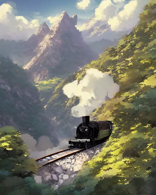Image similar to a steam train on a mountainside, by makoto shinkai, stanley artgerm lau, wlop, rossdraws