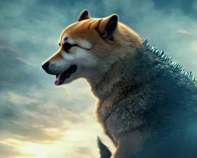 Prompt: godzilla as a shiba inu in a Godzilla: King of the Monsters still film directed by Christopher Nolan, shooting beams from its mouth and toppling over cities, epic action scene