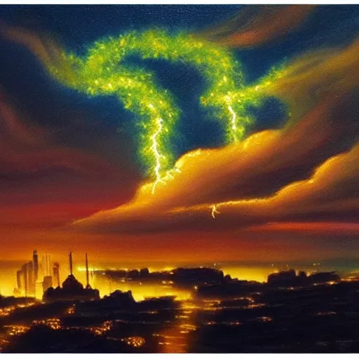 Image similar to beautiful oil painting of golden eastern dragon alone in sky, green lightning, night clouds, above city