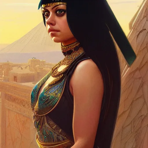 Image similar to a closeup portrait of a young mila kunis as cleopatra, gorgeous view, pyramid background, masterpiece, illustration by artgerm and greg rutkowski and alphonse mucha, digital art, trending on artstation