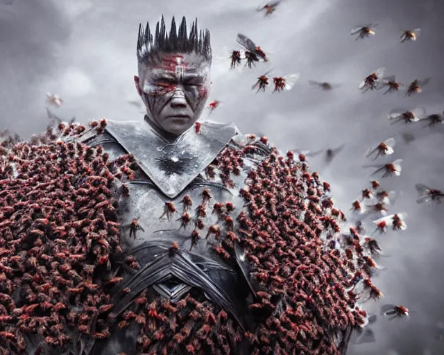 Image similar to justin sun as night king versus huge crimson warrior bees, 4 k, epic, cinematic, focus, movie still, fantasy, extreme detail, atmospheric, dark colour, sharp focus