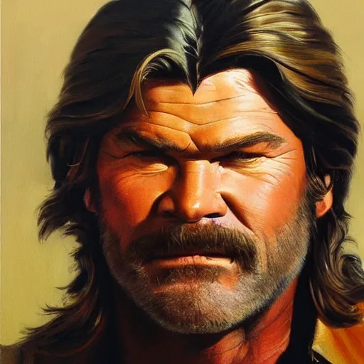 Image similar to ultra realistic portrait painting of kurt russel as a western outlaw, art by frank frazetta, 4 k, ultra realistic, highly detailed, epic lighting