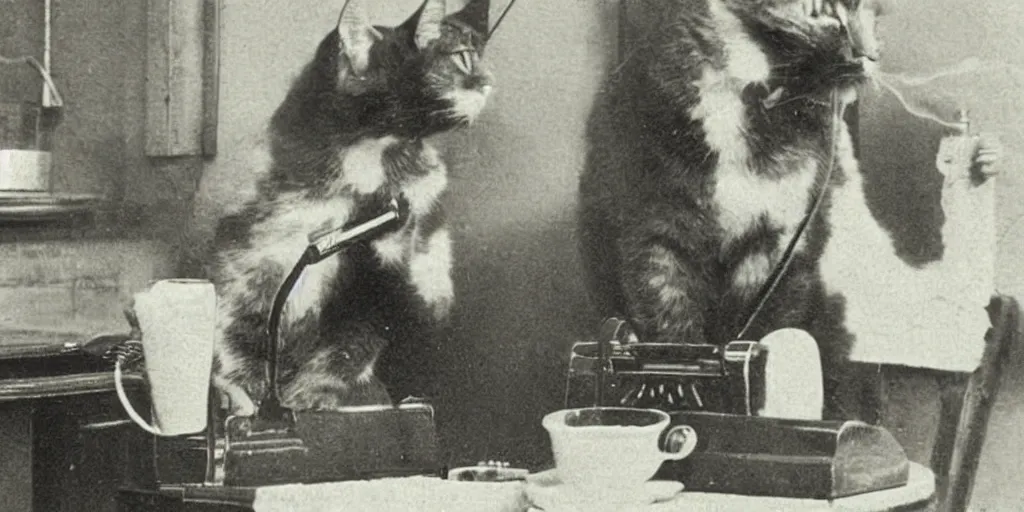 Image similar to a vintage photo from 1890 of a cat smoking a cigar while talking on a rotary phone in a tec support office filled with tools and coffee cups