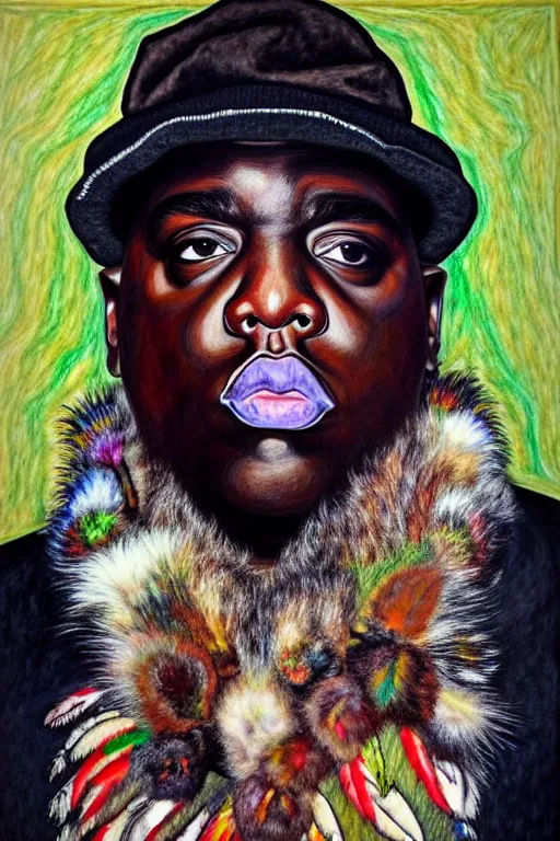 Prompt: full body!! a portrait of biggie smalls aka notorious b. i. g. wearing boho - chic style clothes, with a fur muffler and feathers, realistic painting in egon schiele style, masterpiece, hyperdetailed, complex, intricate, 4 k, hyperrealistic, trending on artstation