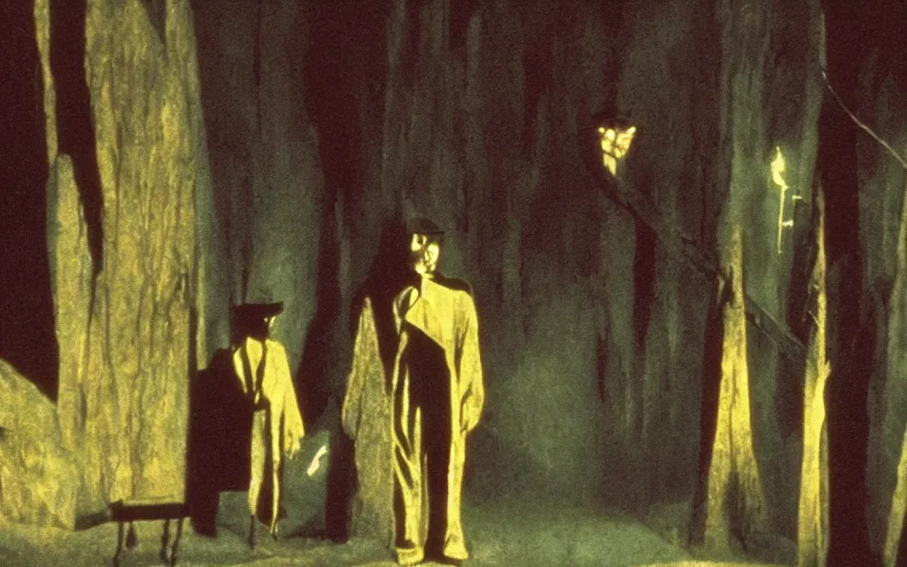 Image similar to high quality high definition colorized movie still from The Cabinet of Doctor Caligari: a lonely ghost walking alone at night in the woods, high quality silent movie, iridescent color palette