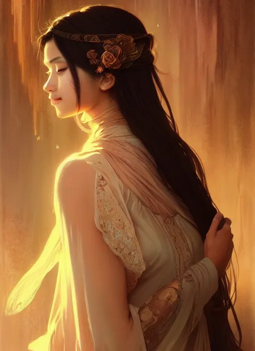 Image similar to cute brown woman wearing a transparent night gown and hanfu face veil, fantasy, intricate, highly detailed, digital painting, artstation, concept art, wallpaper, smooth, sharp focus, illustration, art by artgerm and greg rutkowski and alphonse mucha