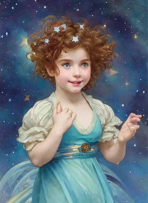 Image similar to a cute little girl with a round cherubic face, blue eyes, and short curly light brown hair smiles as she floats in space with stars all around her. She is wearing a turquoise dress. Beautiful painting by Artgerm and Greg Rutkowski and Alphonse Mucha