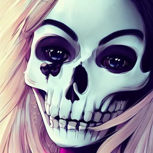 Prompt: anime manga skull portrait young woman skeleton, ghost, elegant, highly detailed, digital art, studio ghibli, art by JC Leyendecker and sachin teng