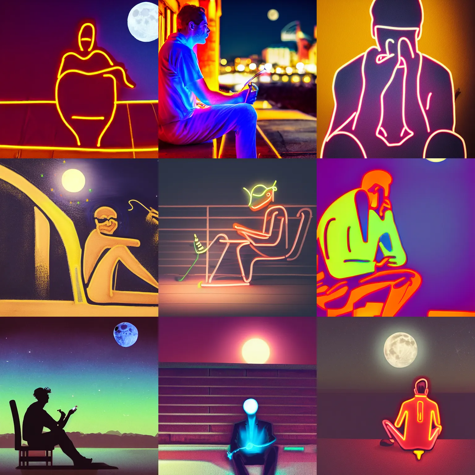 Prompt: neon man sitting at night smoking and looking at the moon,very beautiful,very detailed,4k