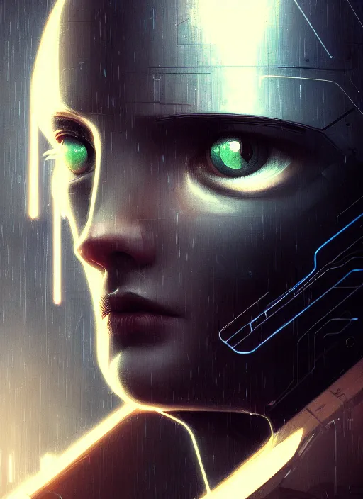 Prompt: moody closeup headshot of a sad android with stray wiring, tragedy, path traced, cyberpunk environment, highly detailed, high quality, digital painting, alena aenami, lilia alvarado, shinji aramaki, karol bak, alphonse mucha, tom bagshaw