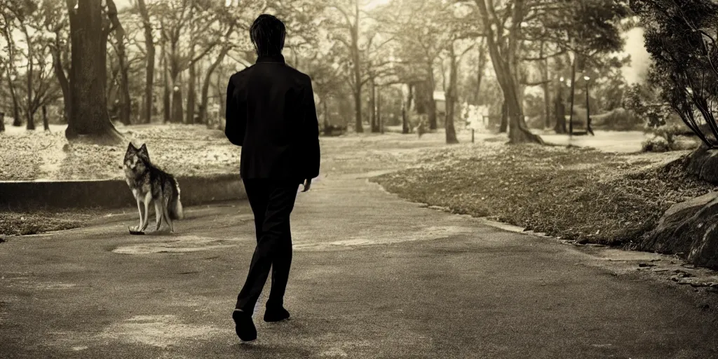 Prompt: anime male anthro wolf in a black jacket, walking at the park, dramatic lighting, bokeh, award - winning digital art