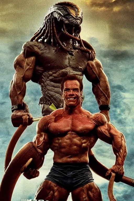 Prompt: movie poster of a french crossfitter with Arnold Schwarzenegger in original 1986 Predator, high definition, mattepainting in the style of AVENGERS movie poster