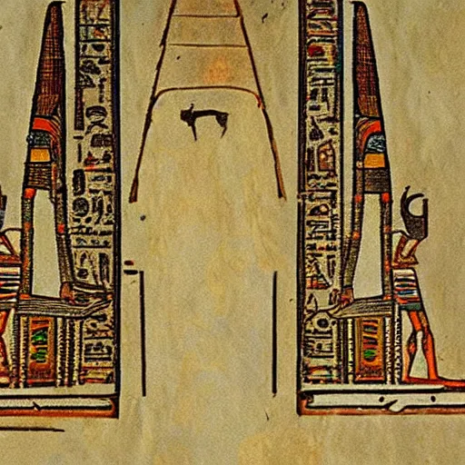 Prompt: a drawing of an oil rig inside an ancient egyptian pyramide,