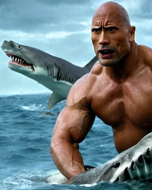 Image similar to film still close up shot of dwayne johnson wrestling a shark in the movie jaws. photographic, photography