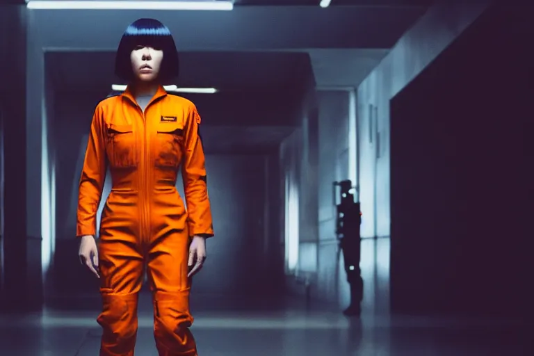 Image similar to major motoko wearing an orange prison jumpsuit facing camera, photography by fred palacio medium full shot still from bladerunner 2 0 4 9, sci fi, bladerunner, canon eos r 3, f / 3, iso 2 0 0, 1 / 1 6 0 s, 8 k, raw, unedited