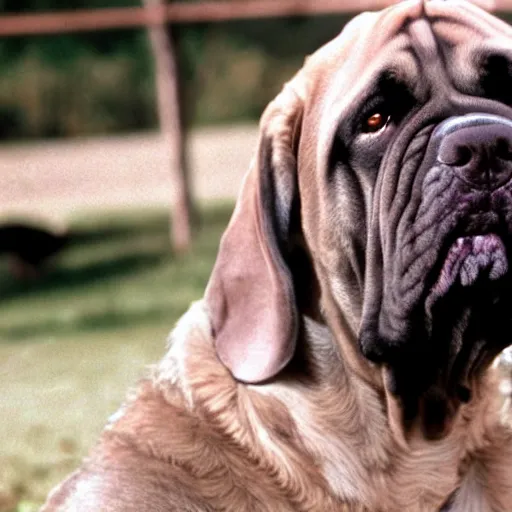 Image similar to film still of the 1 9 9 9 tv show'dog the bounter hunter '. a tv show about a mastiff dog that hunts criminals. sigma 8 5 mm f / 8